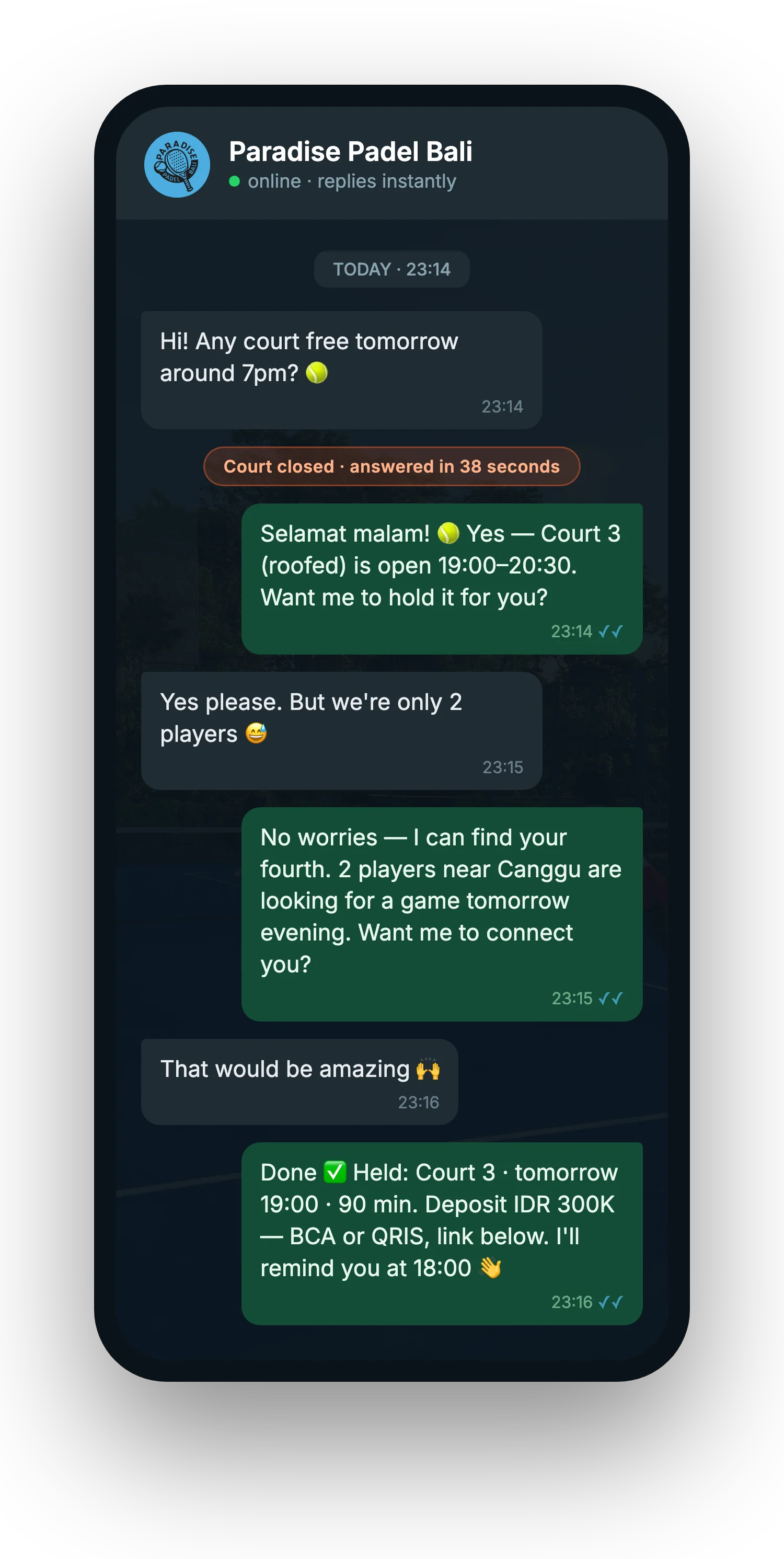 WhatsApp booking concierge mockup