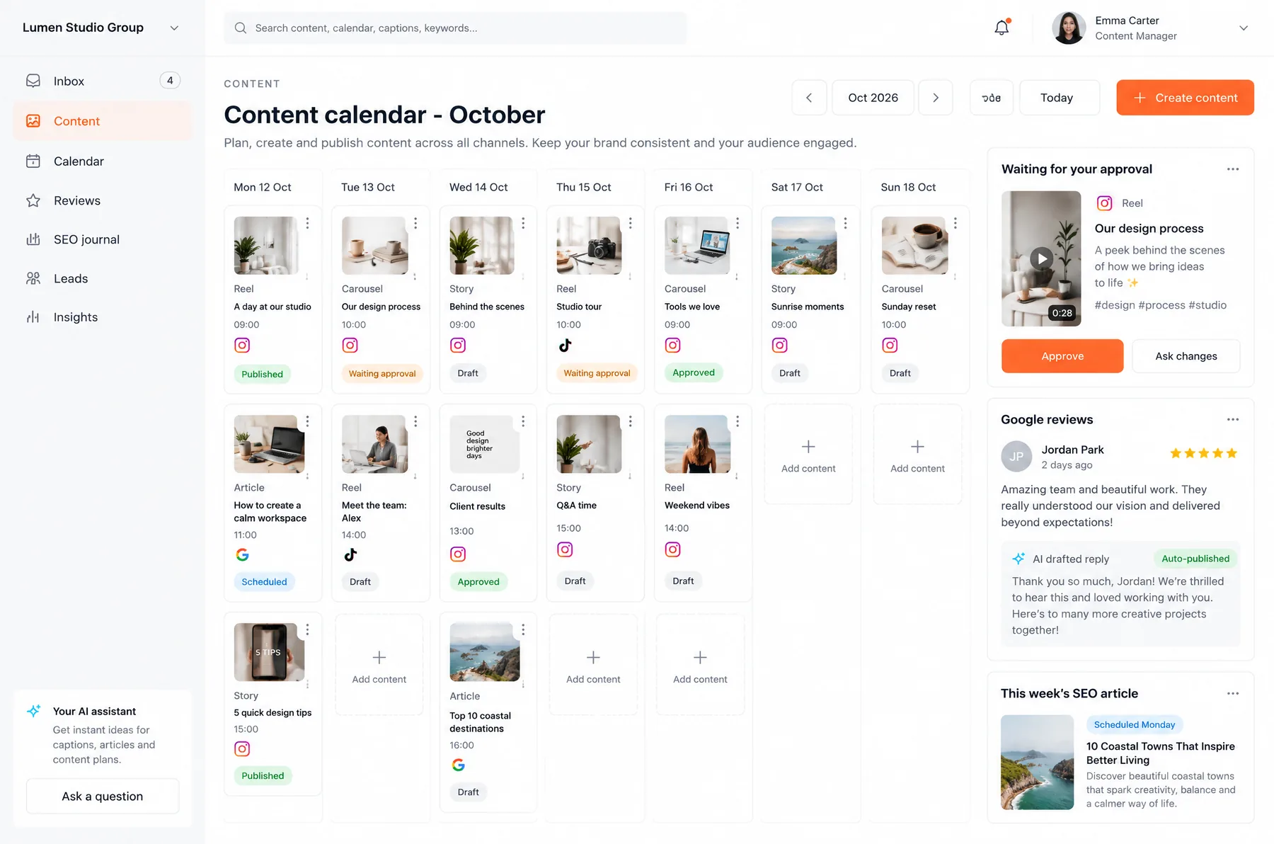 Interface d'exemple, données fictives : Marketing IA
